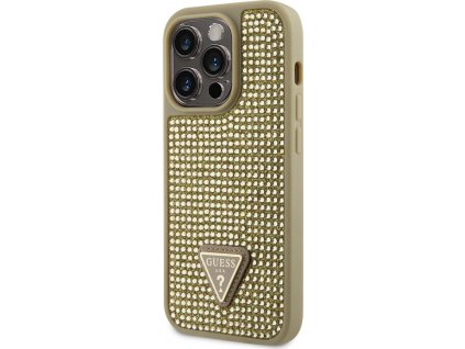 Guess Rhinestones Triangle Metal Logo Kryt pre iPhone 14 Pro. Zlatý