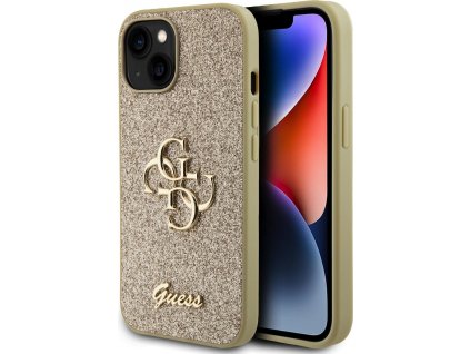 Guess Fixed Glitter 4G Metal Logo Kryt pre iPhone 15, Zlatý