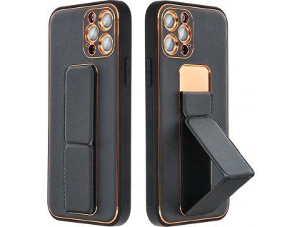 Kožený Kickstand kryt pre Apple iPhone 15 Pro, Čierny