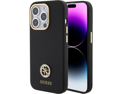 Guess Liquid 4G Strass Metal Logo Silikónový kryt pre iPhone 15 Pro Max, Čierny