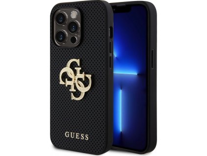 Guess Perforated 4G Glitter Metal Logo Kryt pre iPhone 15 Pro Max, Čierny