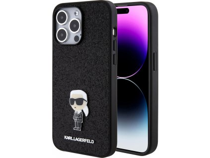 Karl Lagerfeld Fixed Glitter Metal Ikonik Kryt pre iPhone 15 Pro Max, Čierny