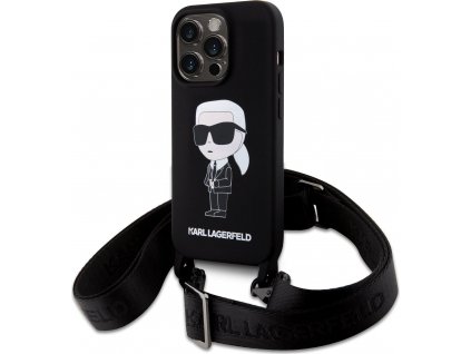 Karl Lagerfeld Liquid Crossbody Ikonik Silikónový Kryt pre iPhone 15 Pro Max, Čierny