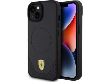 Ferrari Bottom Carbon MagSafe Kožený Kryt pre iPhone 15 Plus, Čierny