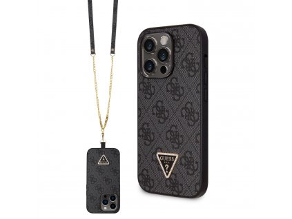 Guess 4G Strass Triangle Metal Logo Kryt + Crossbody popruh pre iPhone 15 Pro Max, Čierne
