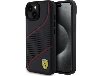 Ferrari Kožený Perforated Slanted Line Kryt pre iPhone 15, Čierny