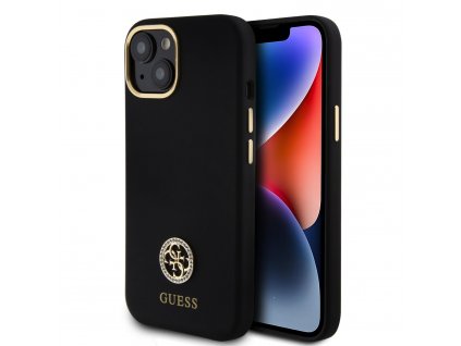 Guess Liquid Silikónový 4G Strass Metal Logo Kryt pre iPhone 15, Čierny