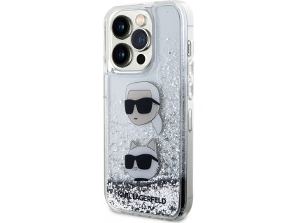 Karl Lagerfeld Liquid Glitter Karl and Choupette Head Kryt pre iPhone 15 Pro Max, Strieborný
