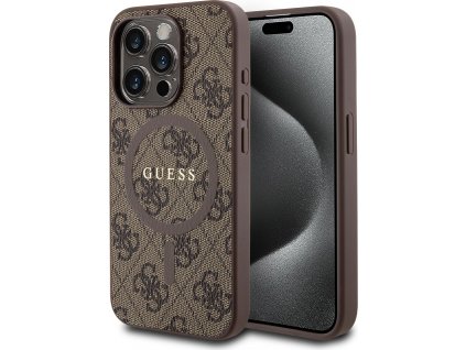 Guess 4G Kožený MagSafe Kryt pre iPhone 15 Pro, Hnedý
