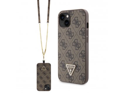 Guess PU 4G Strass Triangle Metal Kryt s Popruhom pre iPhone 15, Hnedý