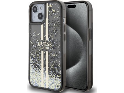 Guess PC/TPU Liquid Glitter Gold Stripe Kryt pre iPhone 15, Čierny