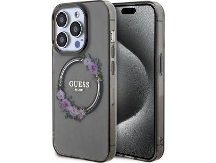 Guess Flowers Ring Glossy MagSafe Kryt pre iPhone 15 Pro, Čierny