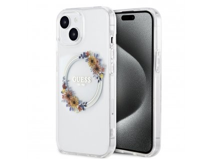 Guess Flowers Ring Glossy MagSafe  Kryt pre iPhone 15, Transparentný