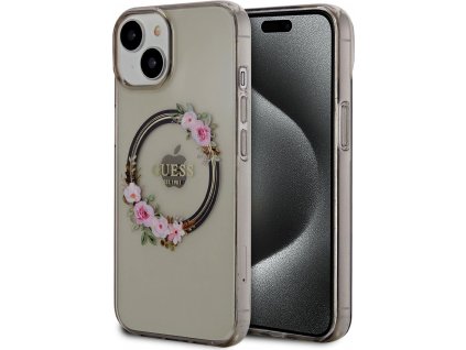 Guess Flowers Glossy Kryt s MagSafe Kryt pre iPhone 14 , Čierny