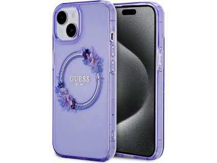 Guess Flowers Glossy Kryt s MagSafe Kryt pre iPhone 15, Fialový