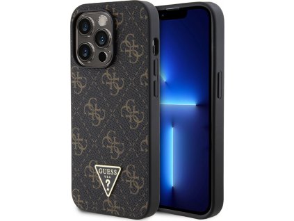 Guess PU 4G Triangle Metal Kožený Kryt pre iPhone 14 Pro, Čierny