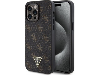 Guess PU 4G Triangle Metal Kožený Kryt pre iPhone 14 Pro Max, Čierny