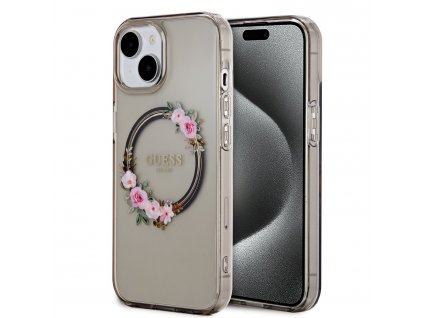 Guess PC/TPU Flowers Ring Glossy Kryt s MagSafe pre iPhone 15, Čierny