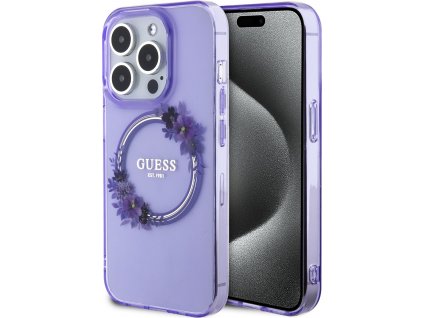 Guess PC/TPU Flowers Ring Glossy Kryt s MagSafe pre iPhone 15 Pro, Fialový