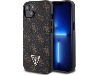 Guess PU 4G Triangle Metal Kožený Kryt pre iPhone 13, Čierny