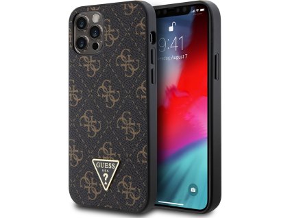 Guess PU 4G Triangle Metal Kožený Kryt pre iPhone 12/12 Pro, Čierny