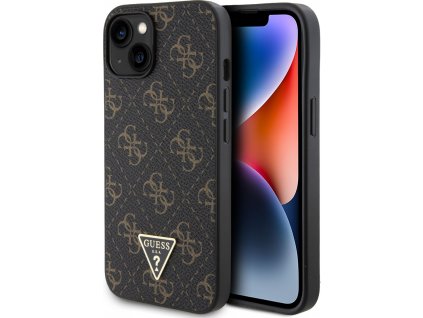 Guess PU 4G Triangle Metal Kožený Kryt pre iPhone 14, Čierny