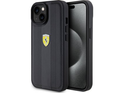 Ferrari PU Hot Stamp Groove Pattern Kožený Kryt pre iPhone 15, Čierny