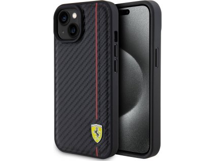 Ferrari PU Carbon Vertical Red Line Kožený Kryt pre iPhone 15, Čierny