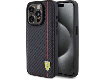 Ferrari PU Carbon Vertical Red Line Kožený Kryt pre iPhone 15 Pro, Čierny