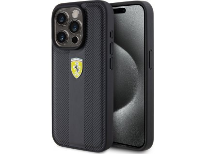Ferrari PU Hot Stamp Groove Pattern Kožený Kryt pre iPhone 15 Pro, Čierny