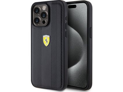 Ferrari PU Hot Stamp Groove Pattern Kožený Kryt pre iPhone 15 Pro Max, Čierny