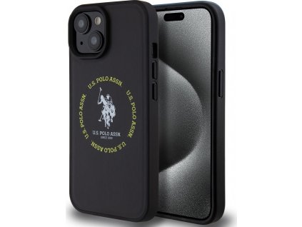 U.S. Polo PU Printed Round Double Horse Kožený Kryt s MagSafe pre iPhone 15, Čierny