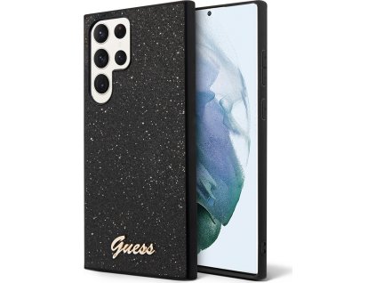 Guess Glitter Flakes Metal Logo Kryt pre Samsung S24 Ultra, Čierny