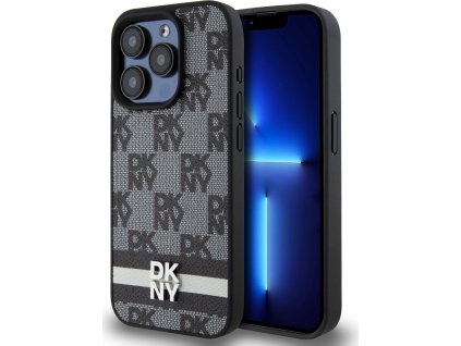 DKNY Checkered Pattern and Stripe Kožený Kryt pre iPhone 13 Pro Max, Čierny