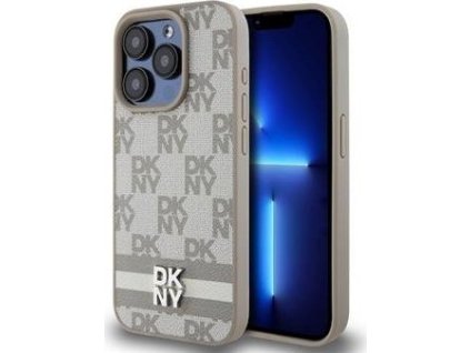 DKNY Checkered Pattern and Stripe Kožený Kryt pre iPhone 13 Pro Max, Bežový