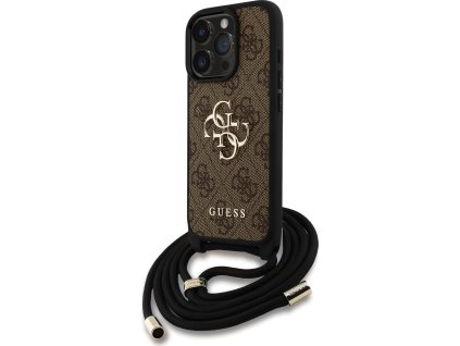 Guess PU 4G Metal Logo Crossbody Kryt s Popruhom pre iPhone 16 Pro, Hnedý