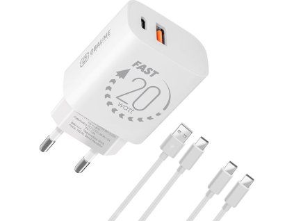 Cestovná Nabíjačka USB-A / USB-C 20W + 2x kábel 1m, OBAL:ME, Biela