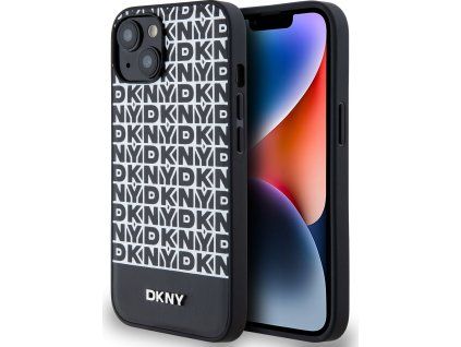 DKNY PU Leather Repeat Pattern Bottom Stripe MagSafe Zadný Kryt pre iPhone 14 Black