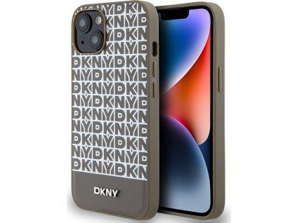 DKNY PU Leather Repeat Pattern Bottom Stripe MagSafe Zadný Kryt pre iPhone 15 Brown