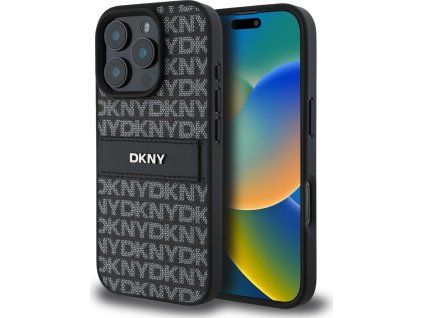 DKNY PU Leather Repeat Pattern Tonal Stripe Zadný Kryt pre iPhone 16 Pre Max Black