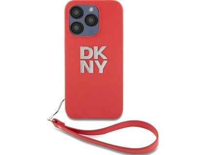 DKNY PU Leather Stack Logo Wrist Strap Zadný Kryt pre iPhone 14 Pre Red