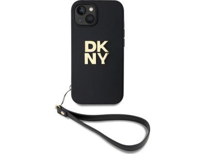 DKNY PU Leather Stack Logo Wrist Strap Zadný Kryt pre iPhone 13 Black