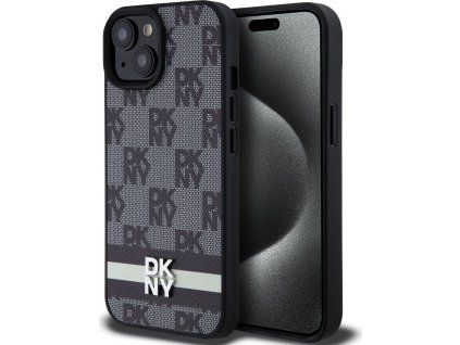 DKNY PU Leather Checkered Pattern and Stripe Zadný Kryt pre iPhone 15 Black