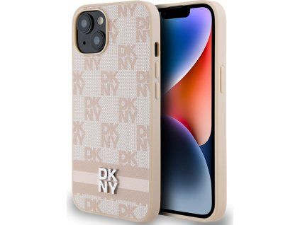DKNY PU Leather Checkered Pattern and Stripe Zadný Kryt pre iPhone 15 Pink