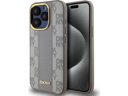 DKNY PU Leather Checkered Pattern Magsafe Zadný Kryt pre iPhone 15 Pre Beige