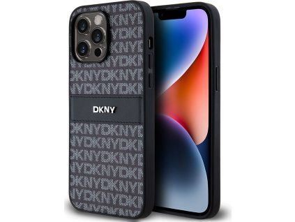 DKNY PU Leather Repeat Pattern Tonal Stripe Zadný Kryt pre iPhone 14 Pre Black