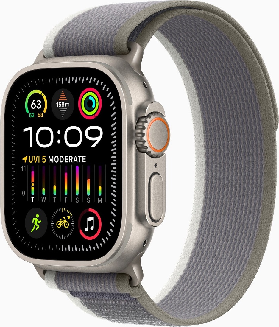 Apple Watch Ultra 2 GPS + Cellular, 49mm Titanium Case with Green/Grey Trail Loop - S/M MRF33CS/A