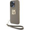DKNY Stack Logo Wrist Strap Kožený Kryt pre iPhone 15 Pro, Hnedý