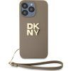DKNY Stack Logo Wrist Strap Kožený Kryt pre iPhone 15 Pro, Hnedý