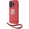 DKNY PU Leather Stack Logo Wrist Strap Zadný Kryt pre iPhone 14 Pre Red